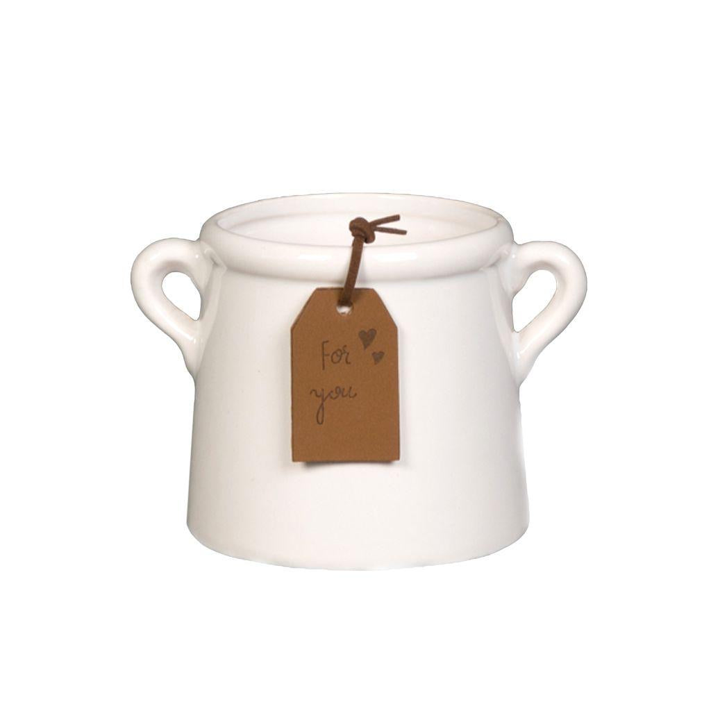 Ceramic White Pot With Handles & Label 8cm